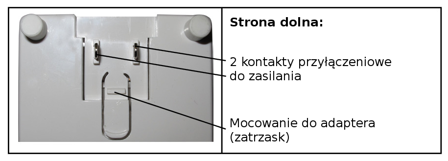 Strona dolna: 2 kontakty przyłączeniowe do zasilania, mocowanie do adaptera (zatrzask)